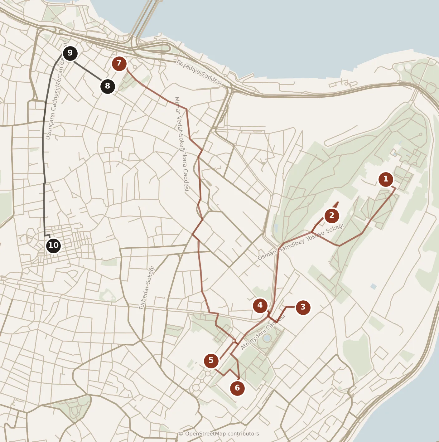 Map of Istanbul, day one and day two: stops 1–10, numbered in walking order.