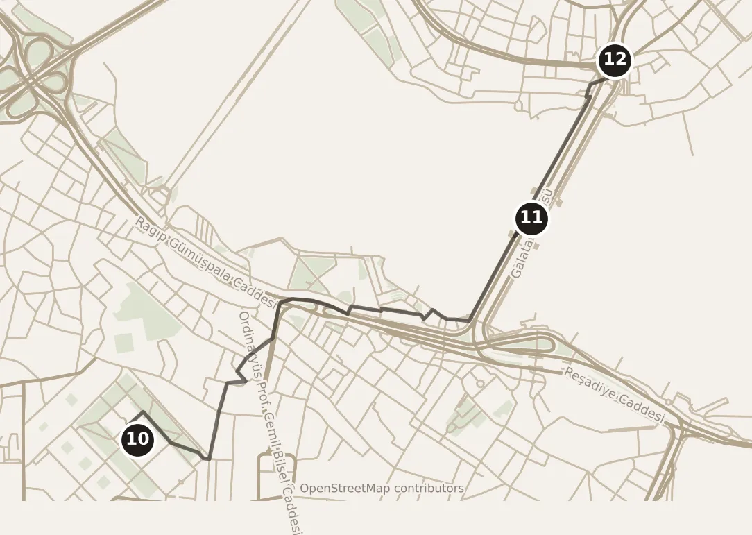 Map of Istanbul, afternoon: stops 10–12, numbered in walking order.
