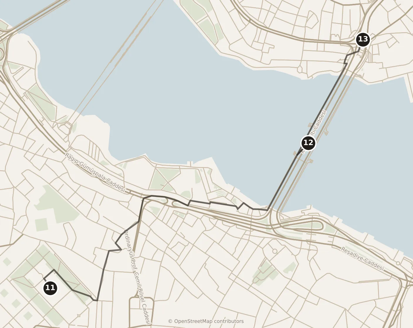 Map of Istanbul, afternoon: stops 11–13, numbered in walking order.