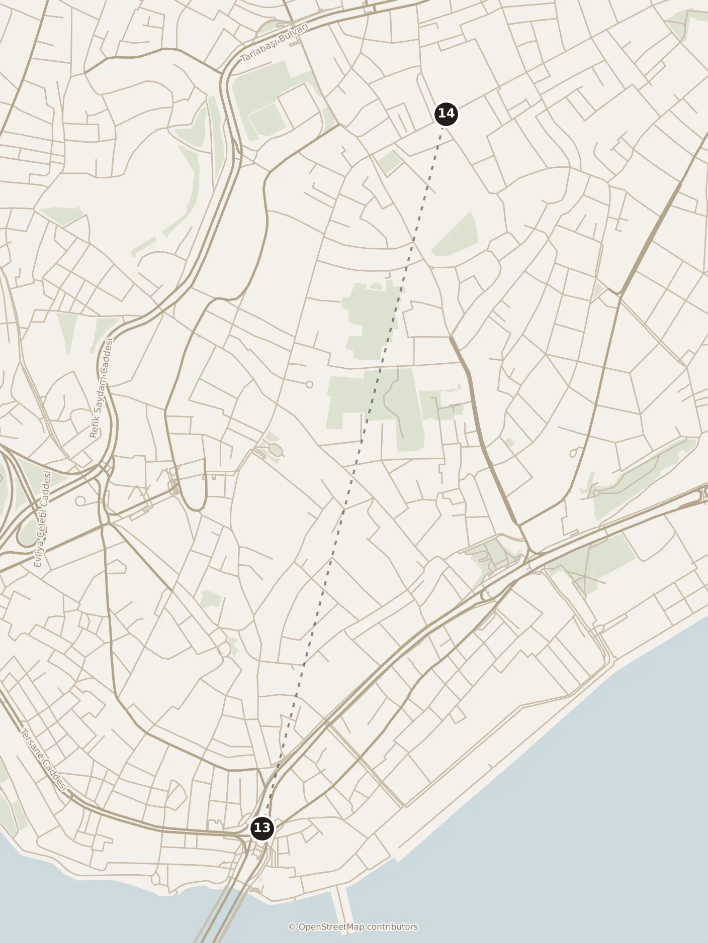Map of Istanbul, evening: stop 14, numbered in walking order.
