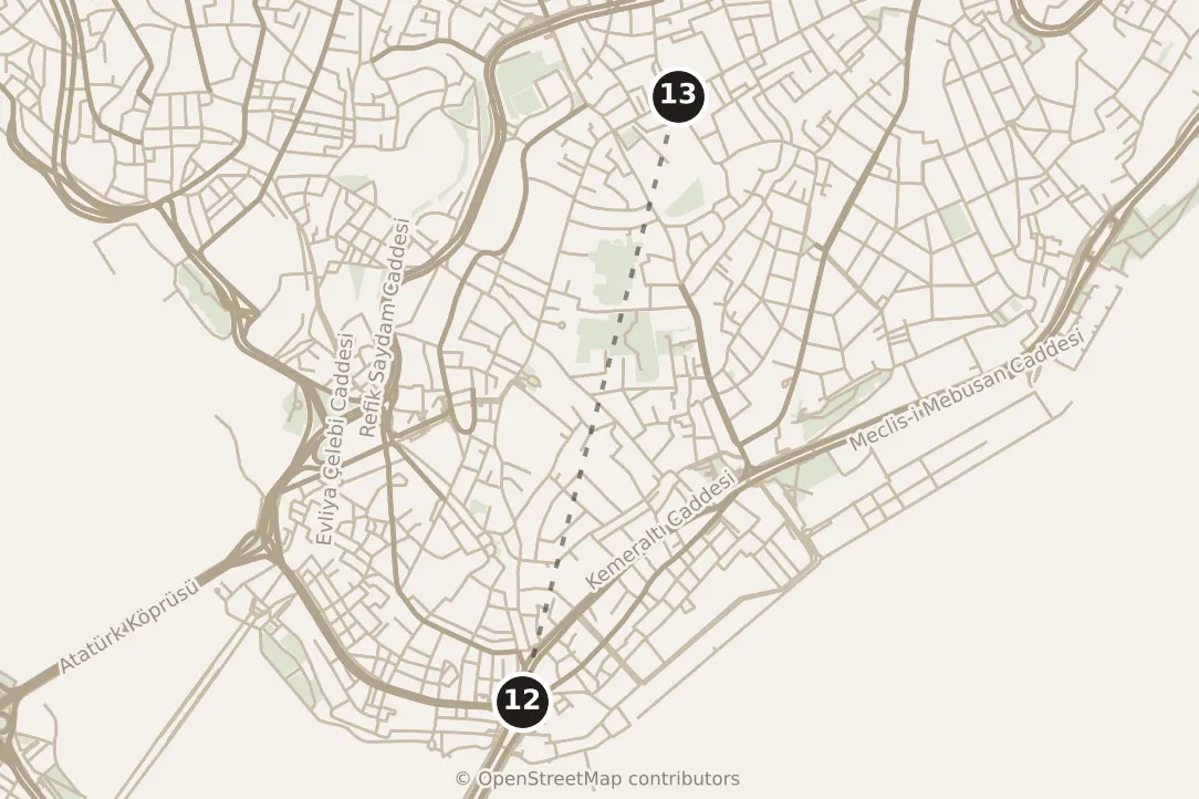 Map of Istanbul, evening: stop 13, numbered in walking order.