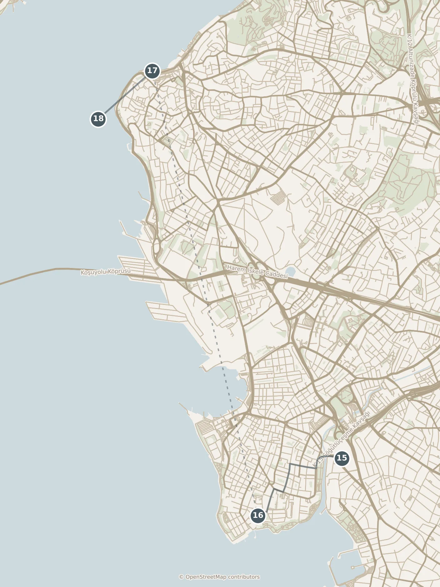 Map of Istanbul, with a third day: stops 15–18, numbered in walking order.