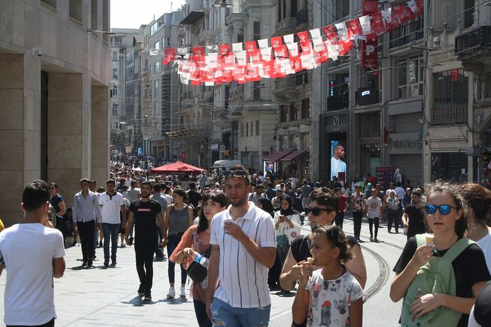 İstiklal Avenue full of people walking between its tall nineteenth-century frontages, bunting strung overhead