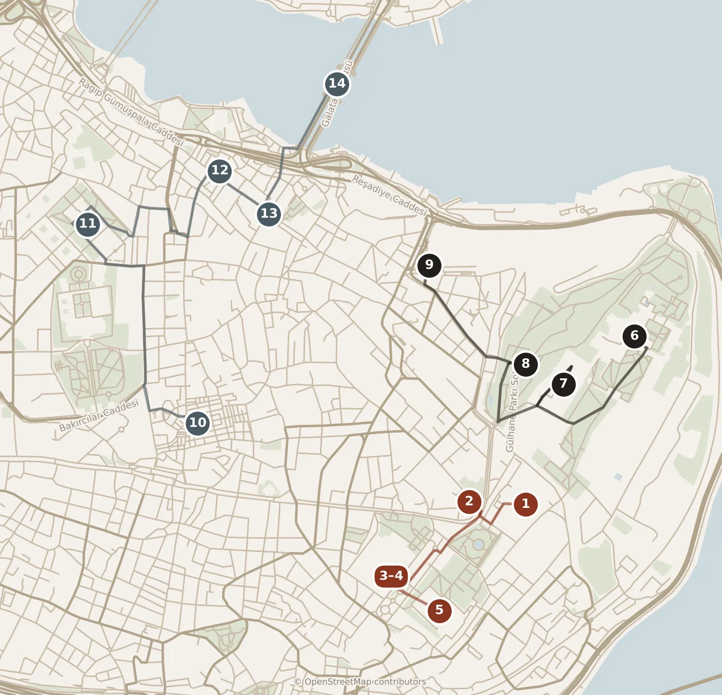Map of Istanbul, day one and day two and day three: stops 1–14, numbered in walking order.