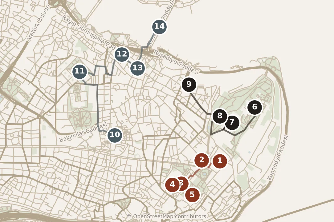 Map of Istanbul, day one and day two and day three: stops 1–14, numbered in walking order.