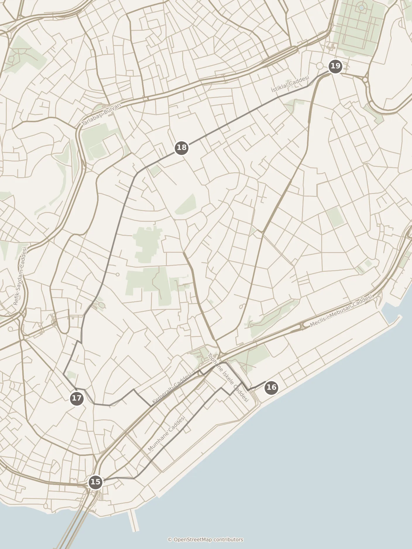 Map of Istanbul, day four: stops 15–19, numbered in walking order.