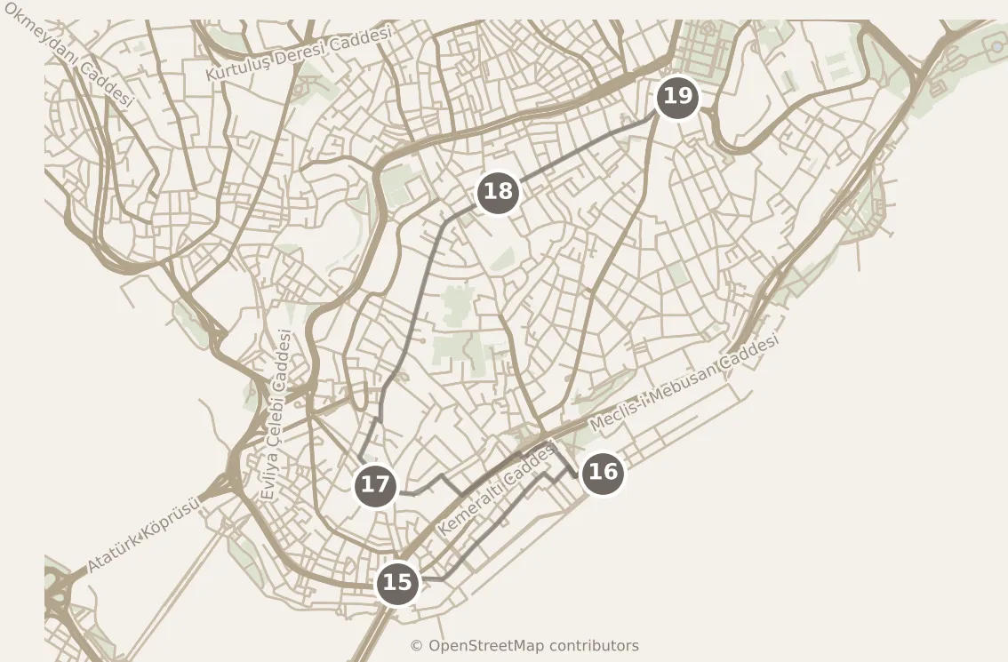 Map of Istanbul, day four: stops 15–19, numbered in walking order.