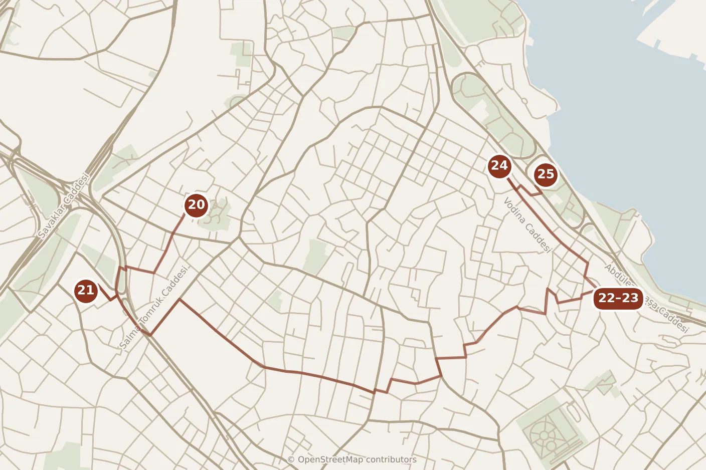 Map of Istanbul, day five: stops 20–25, numbered in walking order.