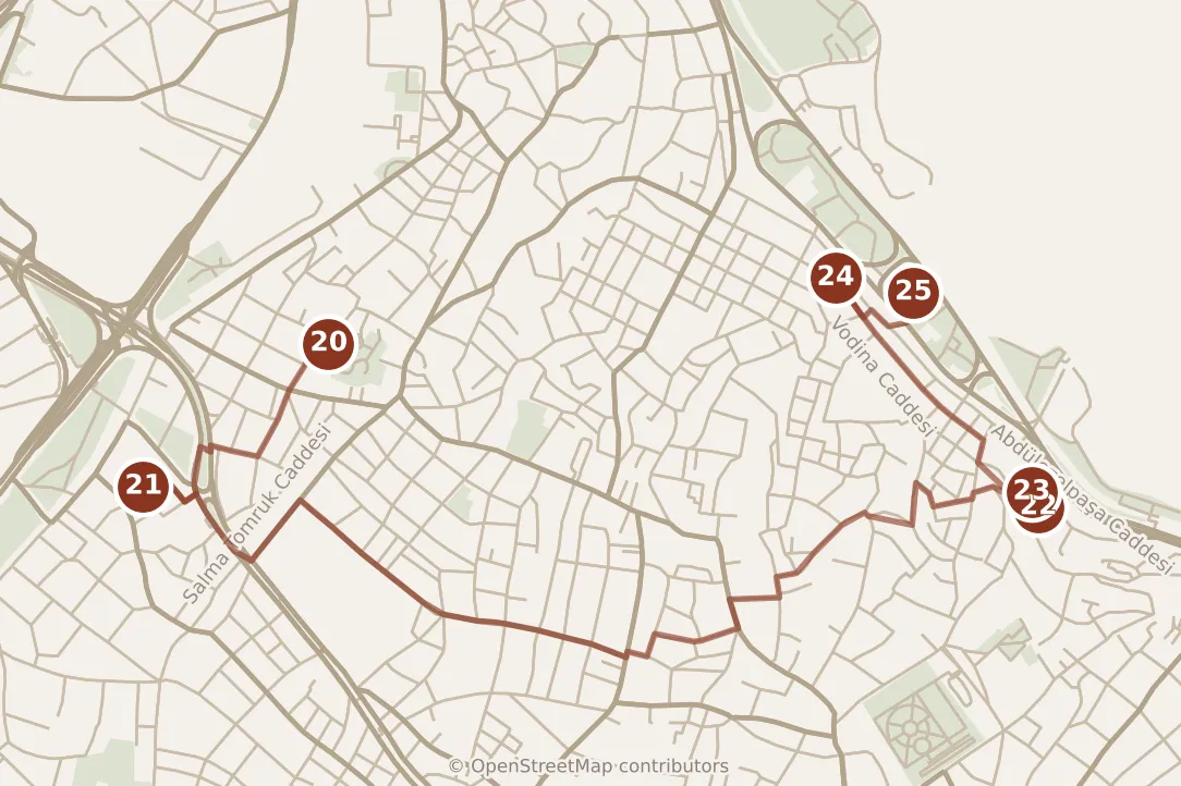 Map of Istanbul, day five: stops 20–25, numbered in walking order.