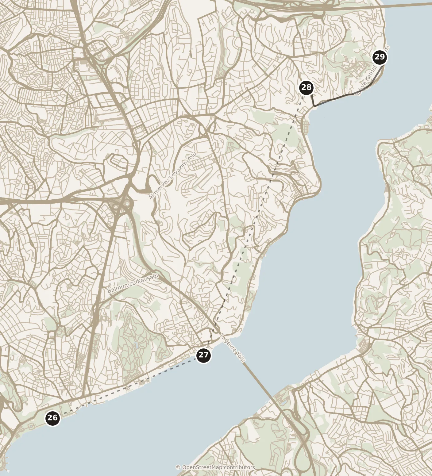 Map of Istanbul, day six: stops 26–29, numbered in walking order.
