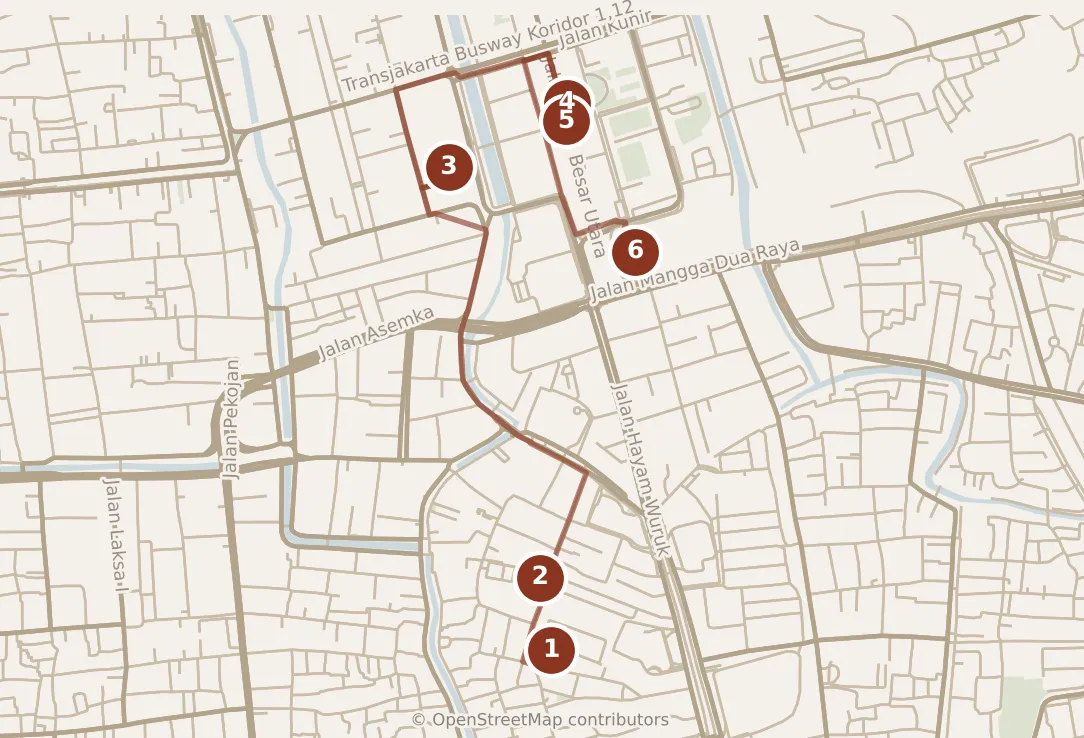 Map of Jakarta, morning: stops 1–6, numbered in walking order.