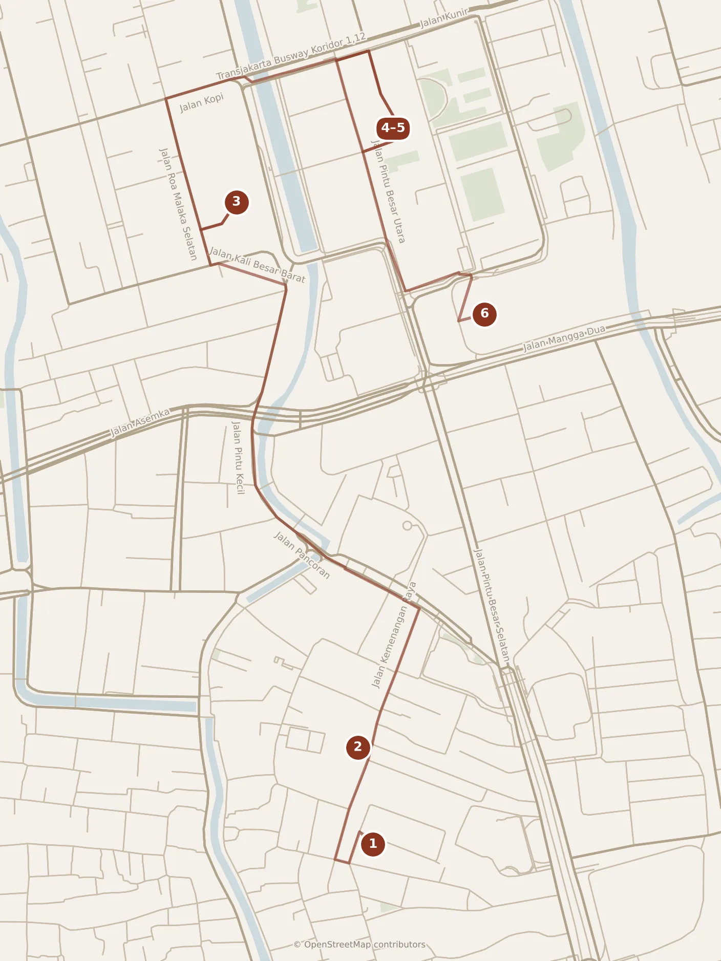 Map of Jakarta, morning: stops 1–6, numbered in walking order.