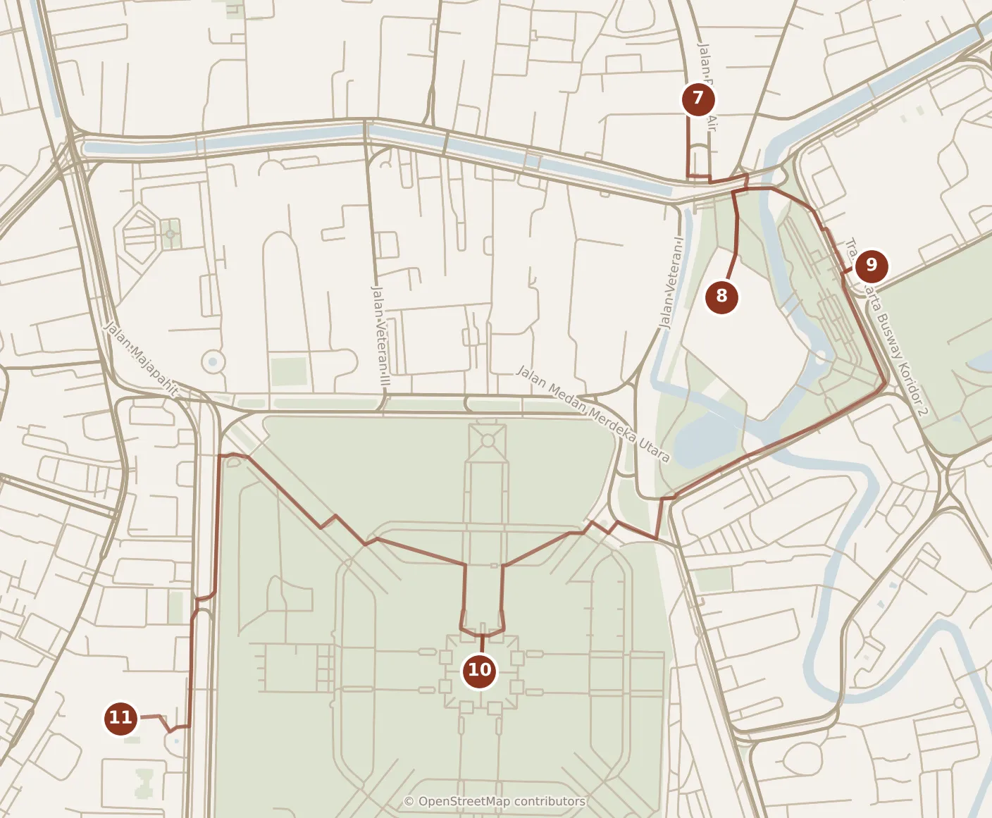 Map of Jakarta, afternoon: stops 7–11, numbered in walking order.