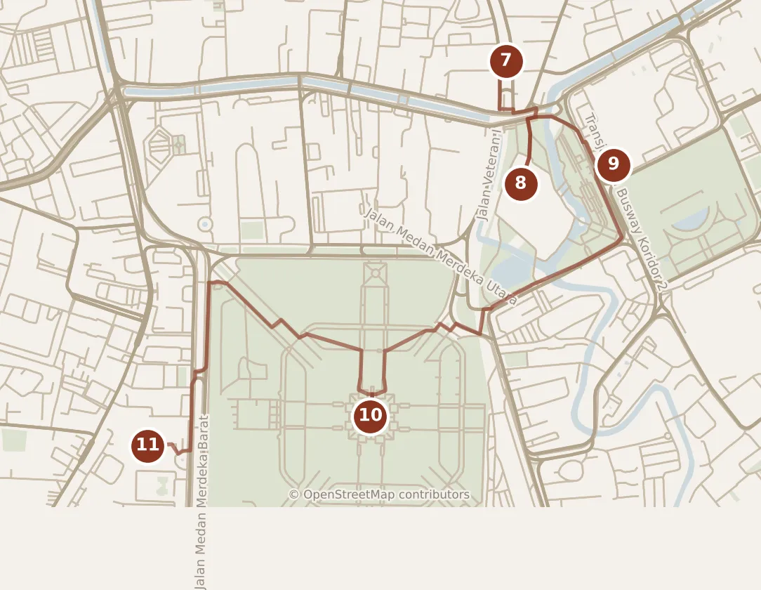 Map of Jakarta, afternoon: stops 7–11, numbered in walking order.