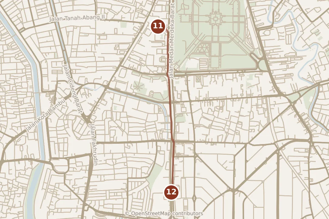 Map of Jakarta, evening: stop 12, numbered in walking order.