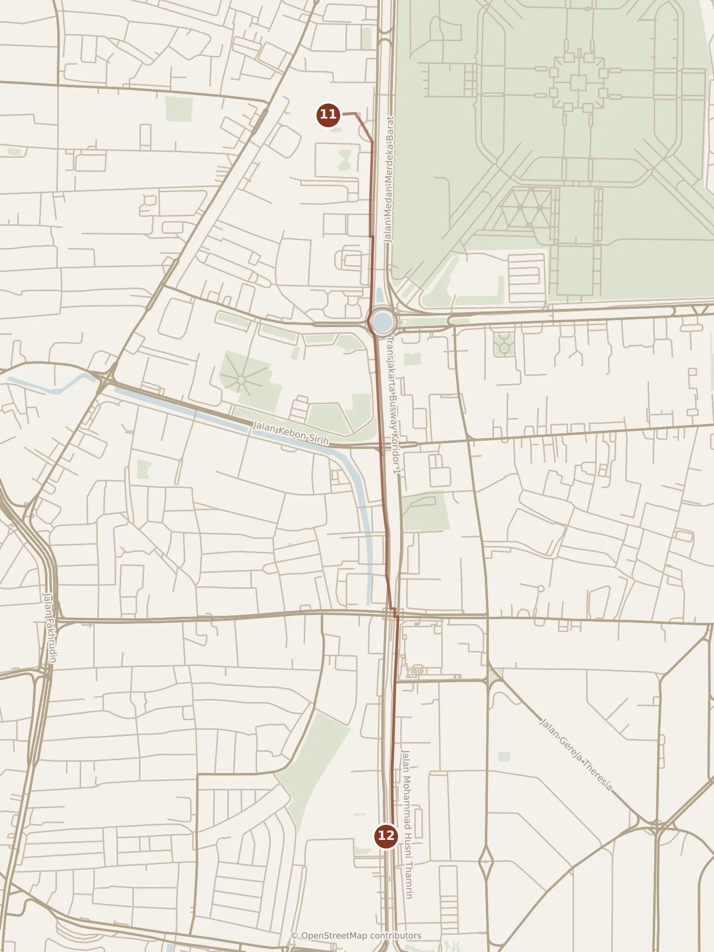Map of Jakarta, evening: stop 12, numbered in walking order.
