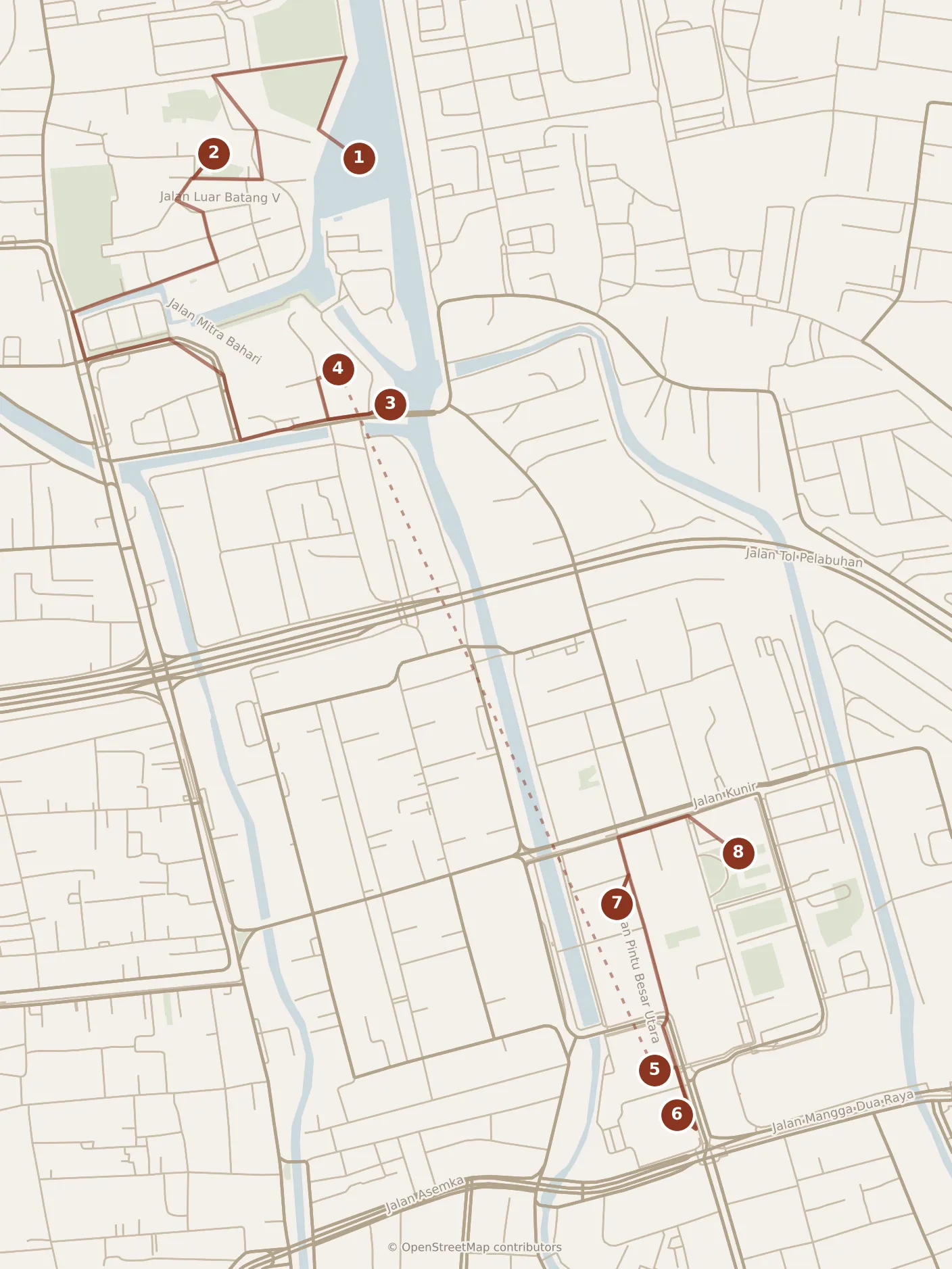 Map of Jakarta, morning and afternoon: stops 1–8, numbered in walking order.