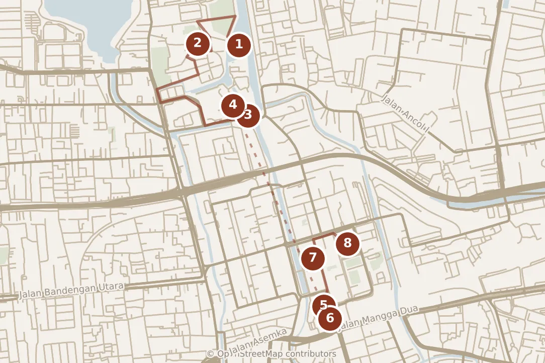 Map of Jakarta, morning and afternoon: stops 1–8, numbered in walking order.