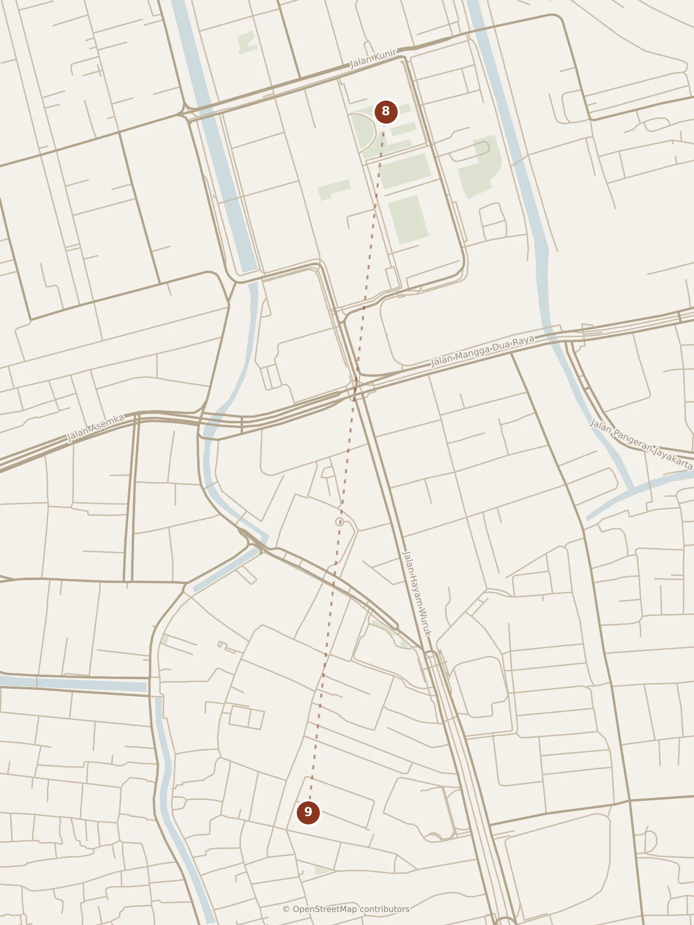 Map of Jakarta, evening: stop 9, numbered in walking order.