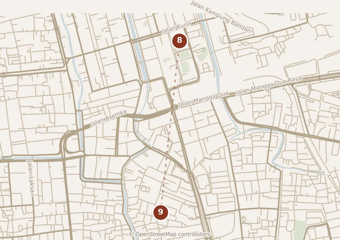 Map of Jakarta, evening: stop 9, numbered in walking order.