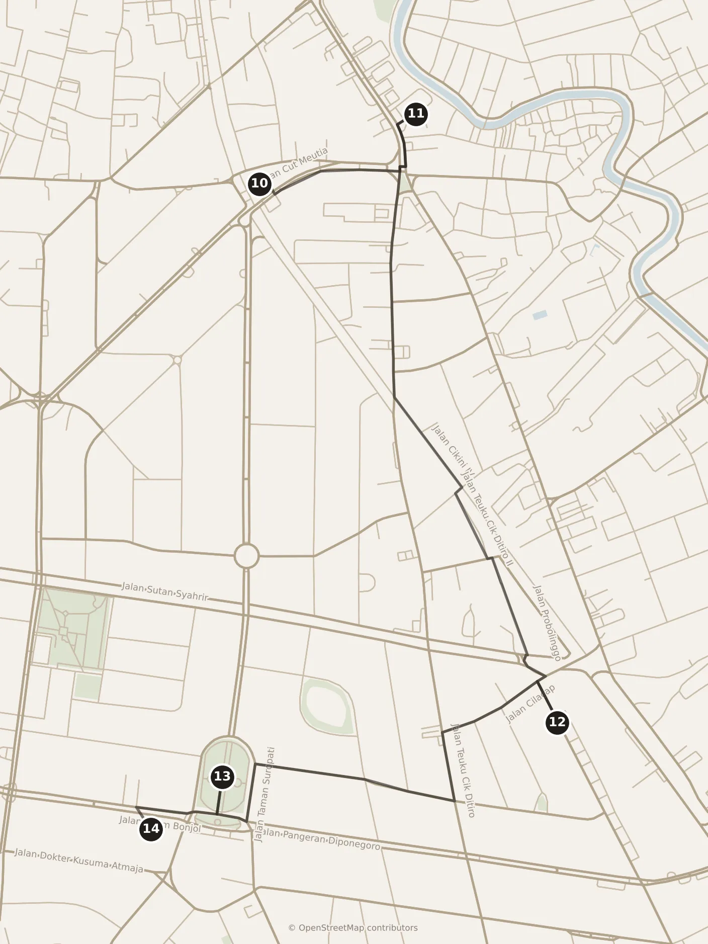 Map of Jakarta, morning: stops 10–14, numbered in walking order.