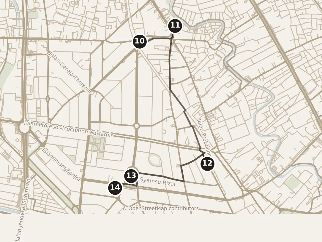 Map of Jakarta, morning: stops 10–14, numbered in walking order.