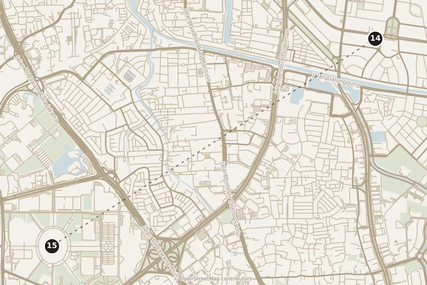 Map of Jakarta, afternoon: stop 15, numbered in walking order.