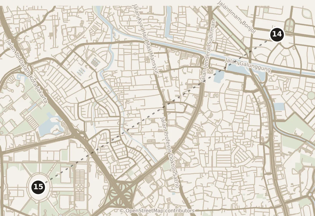 Map of Jakarta, afternoon: stop 15, numbered in walking order.