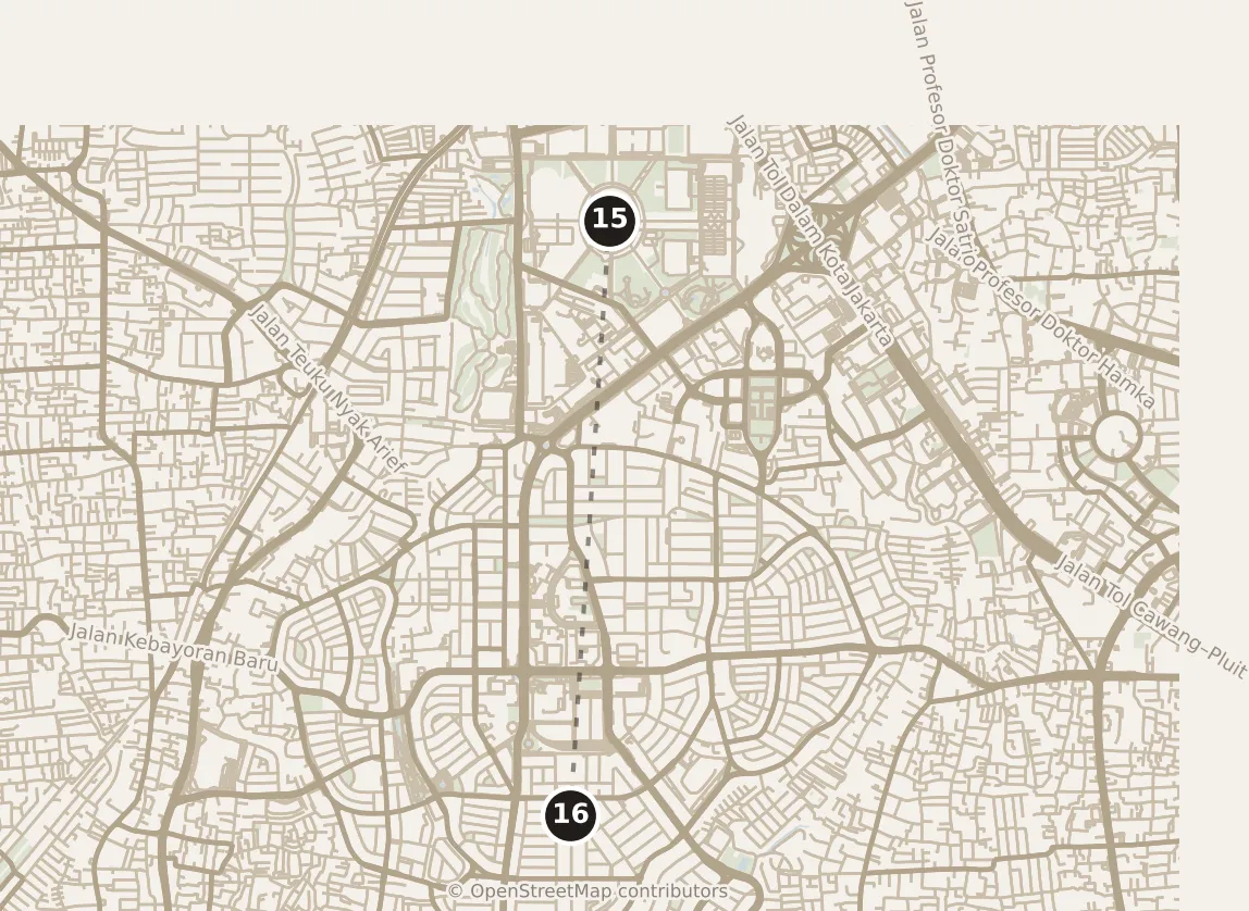 Map of Jakarta, evening: stop 16, numbered in walking order.