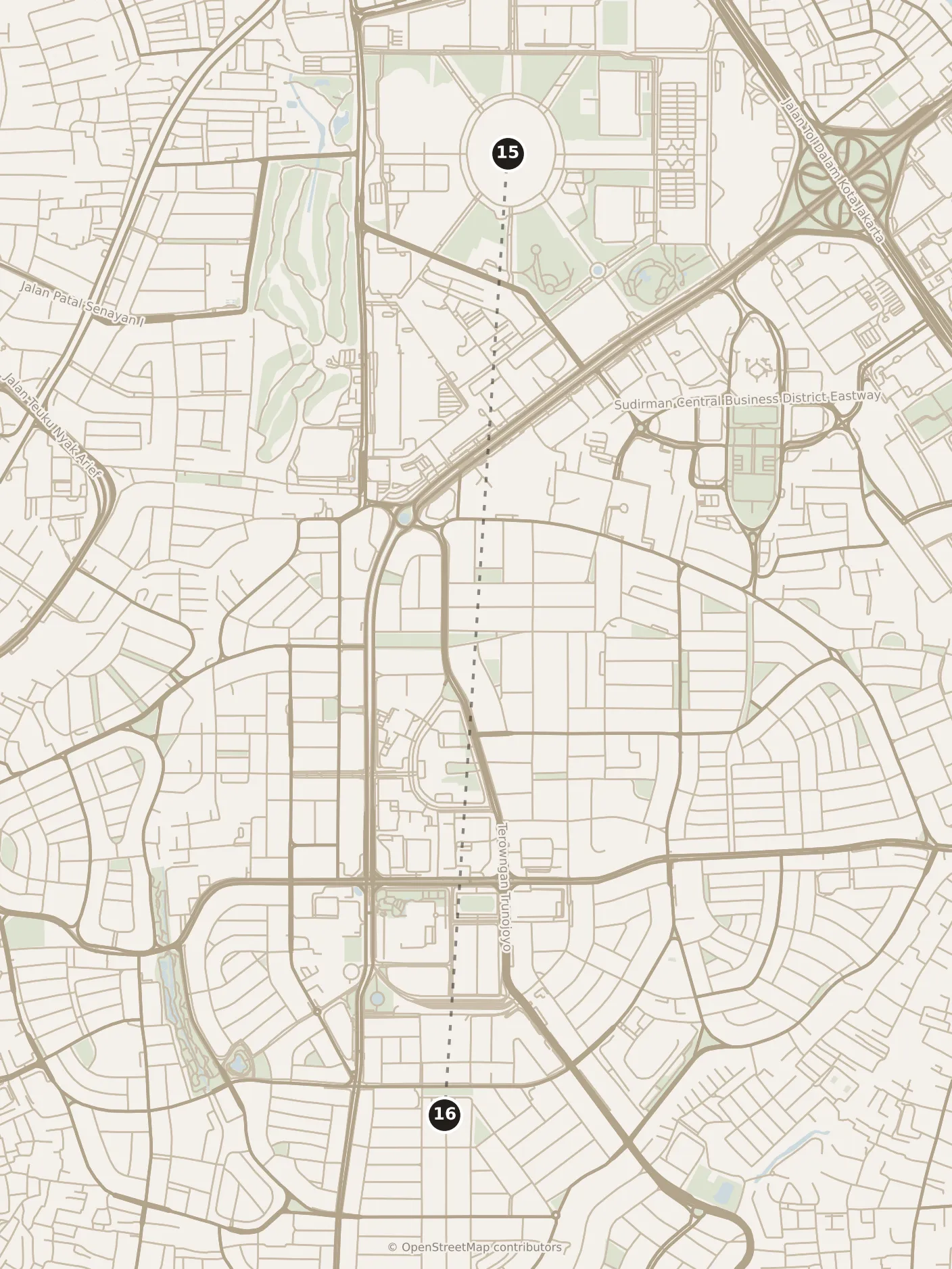 Map of Jakarta, evening: stop 16, numbered in walking order.