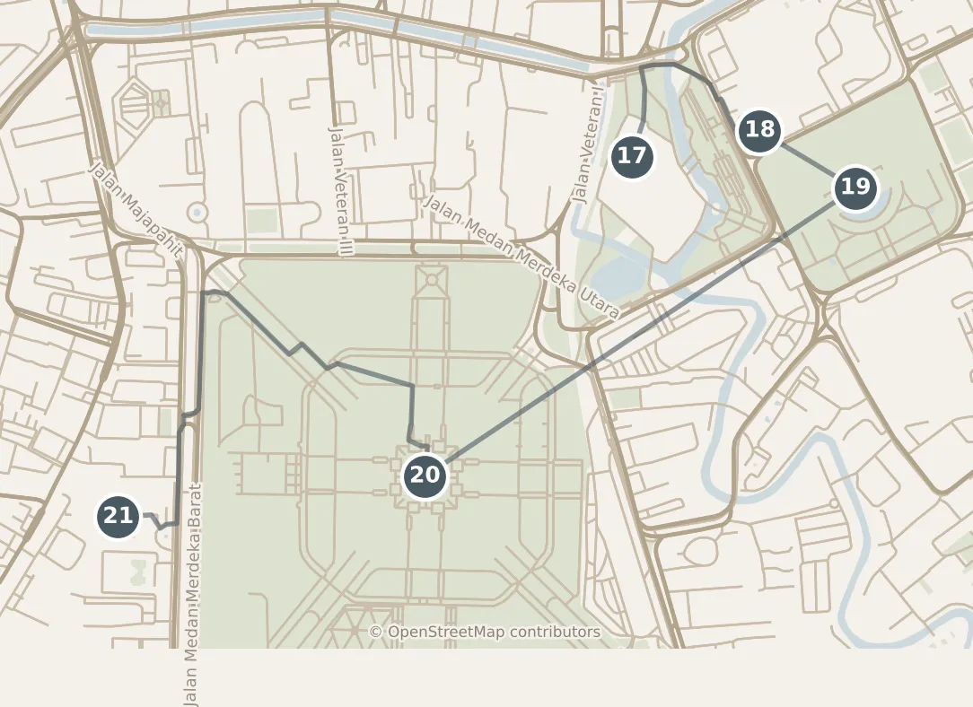 Map of Jakarta, with a third day: stops 17–21, numbered in walking order.