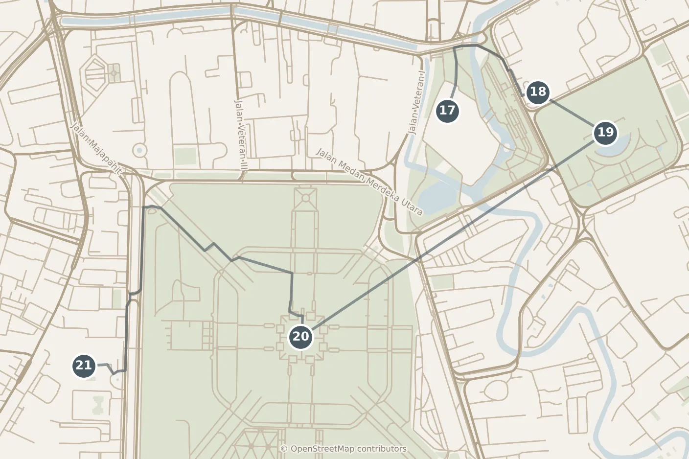 Map of Jakarta, with a third day: stops 17–21, numbered in walking order.