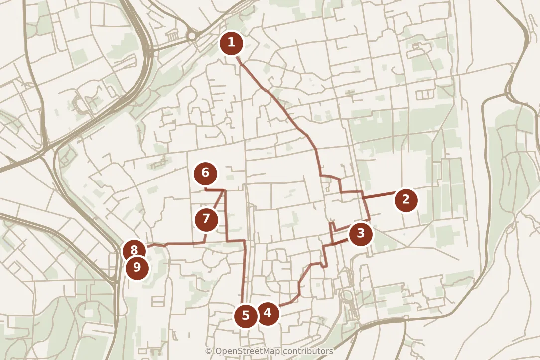 Map of Jerusalem, morning and afternoon: stops 1–9, numbered in walking order.