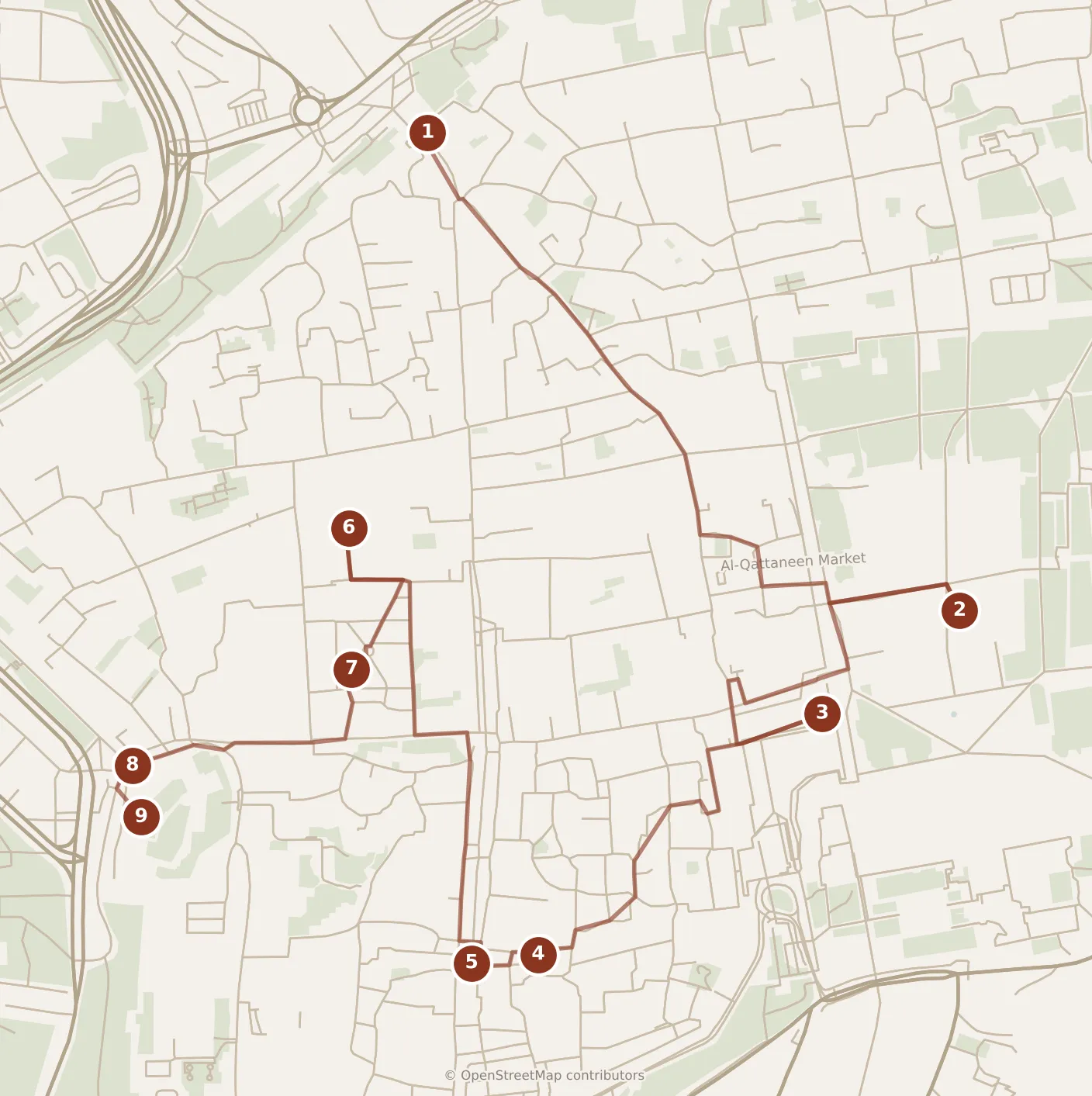 Map of Jerusalem, morning and afternoon: stops 1–9, numbered in walking order.