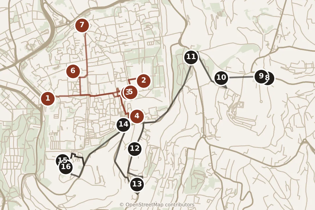 Map of Jerusalem, day one and day two: stops 1–16, numbered in walking order.
