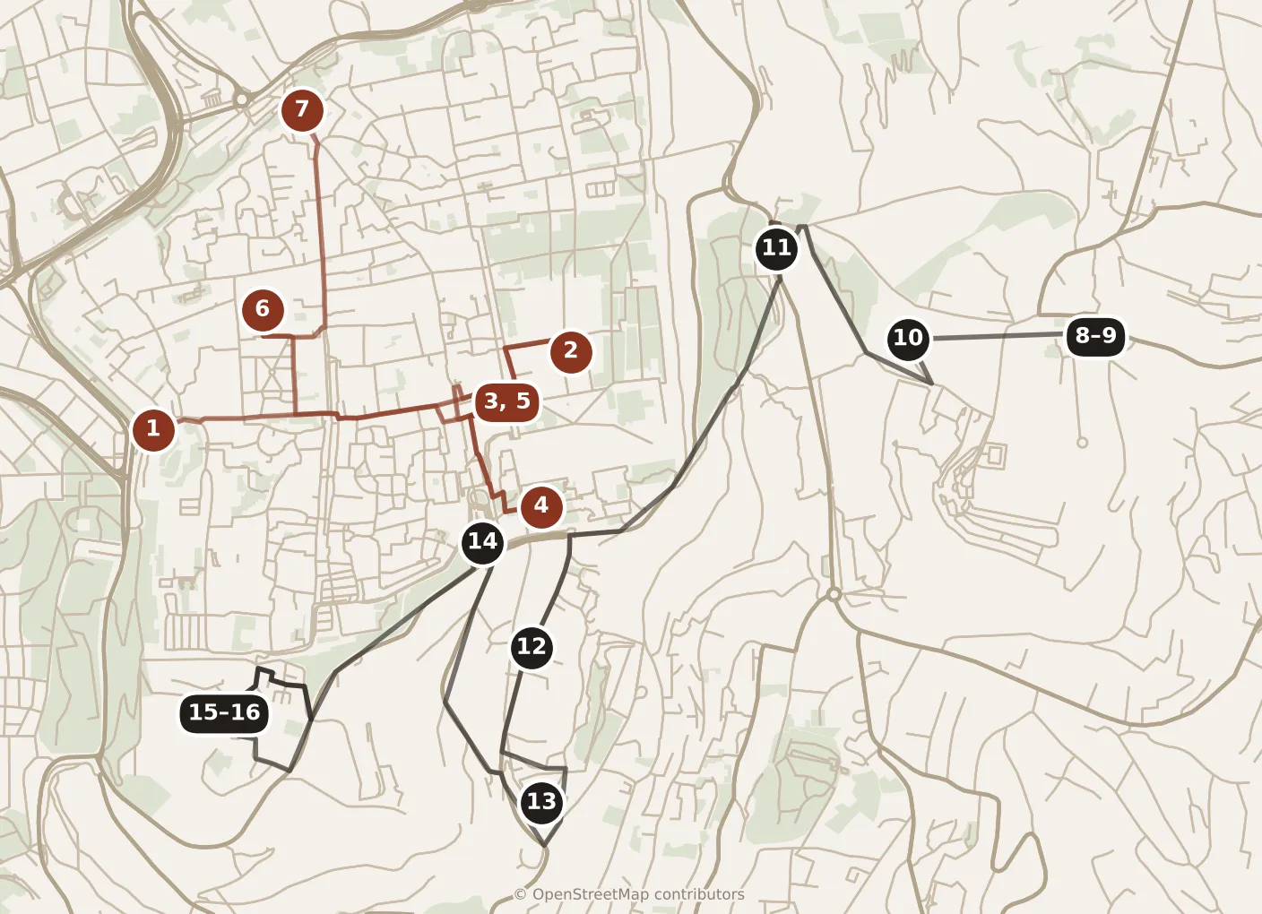 Map of Jerusalem, day one and day two: stops 1–16, numbered in walking order.