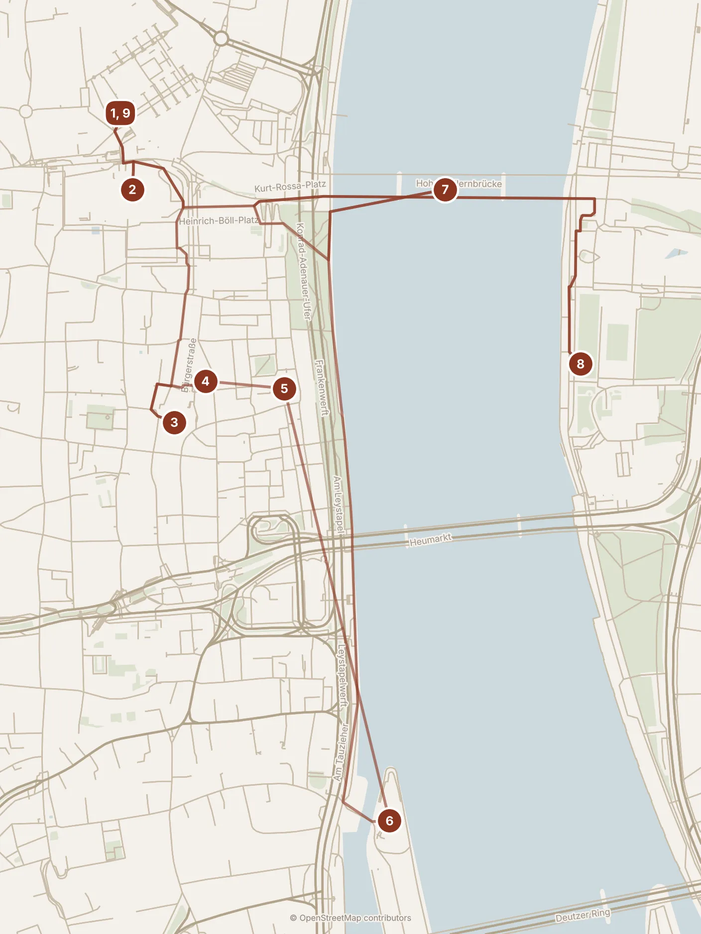 Map of Köln, the day: stops 1–9, numbered in walking order.