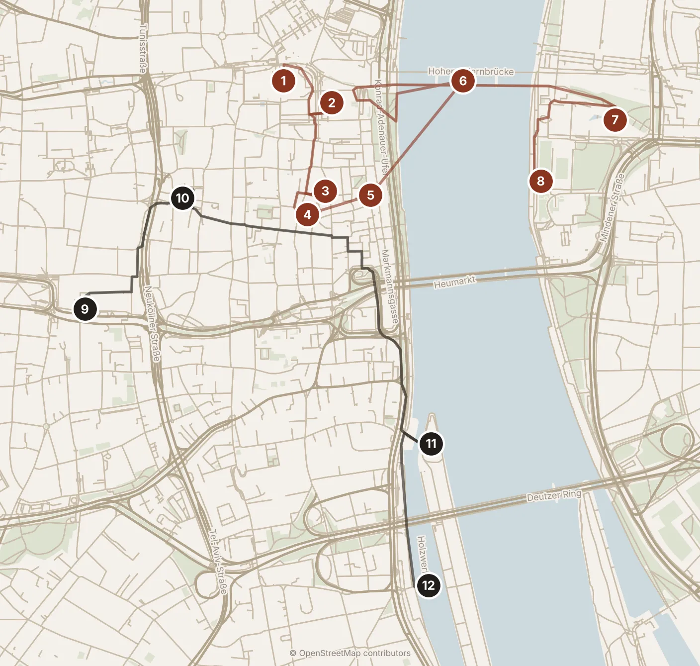 Map of Köln, day one and day two: stops 1–12, numbered in walking order.