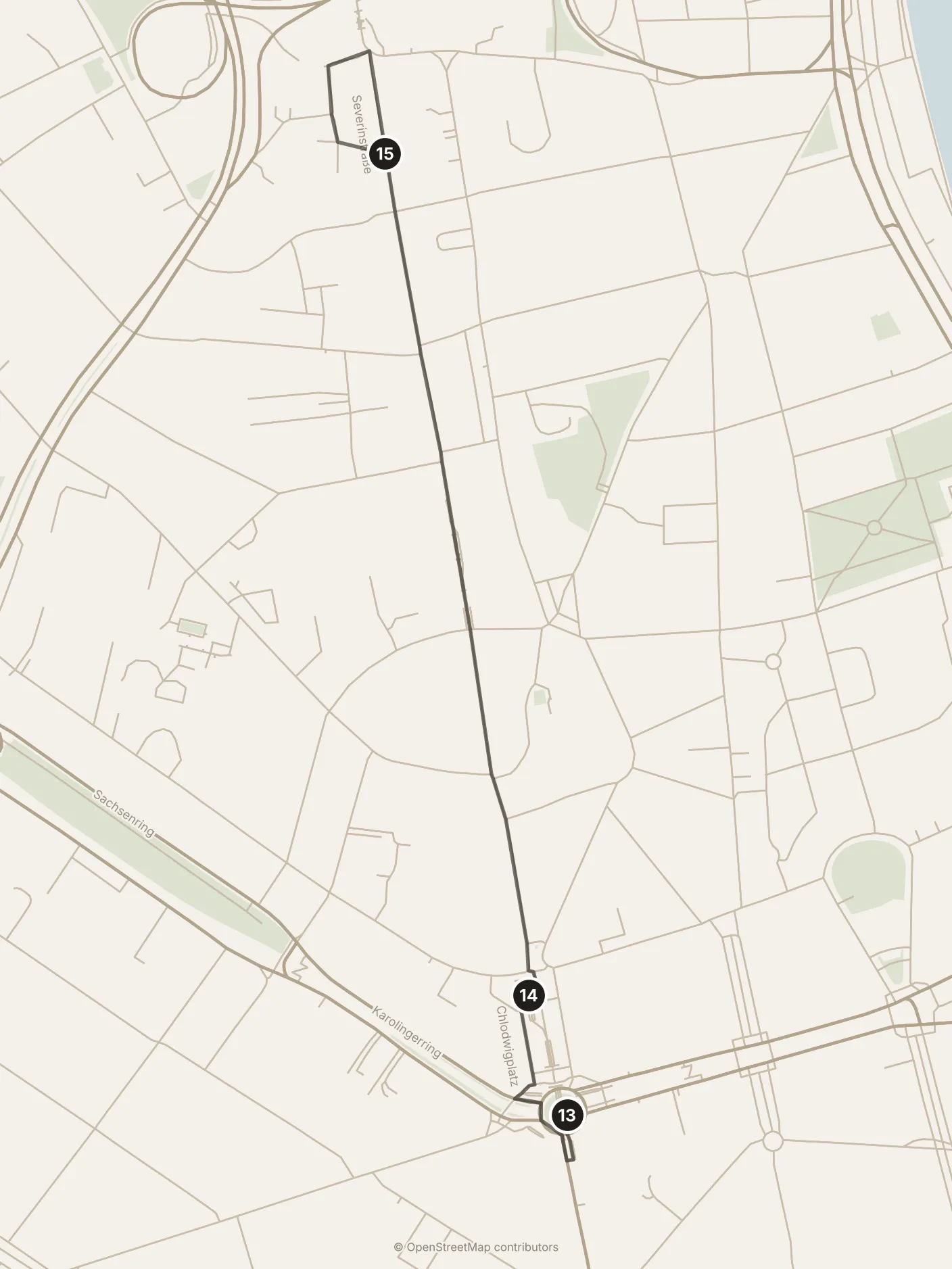 Map of Köln, evening: stops 13–15, numbered in walking order.