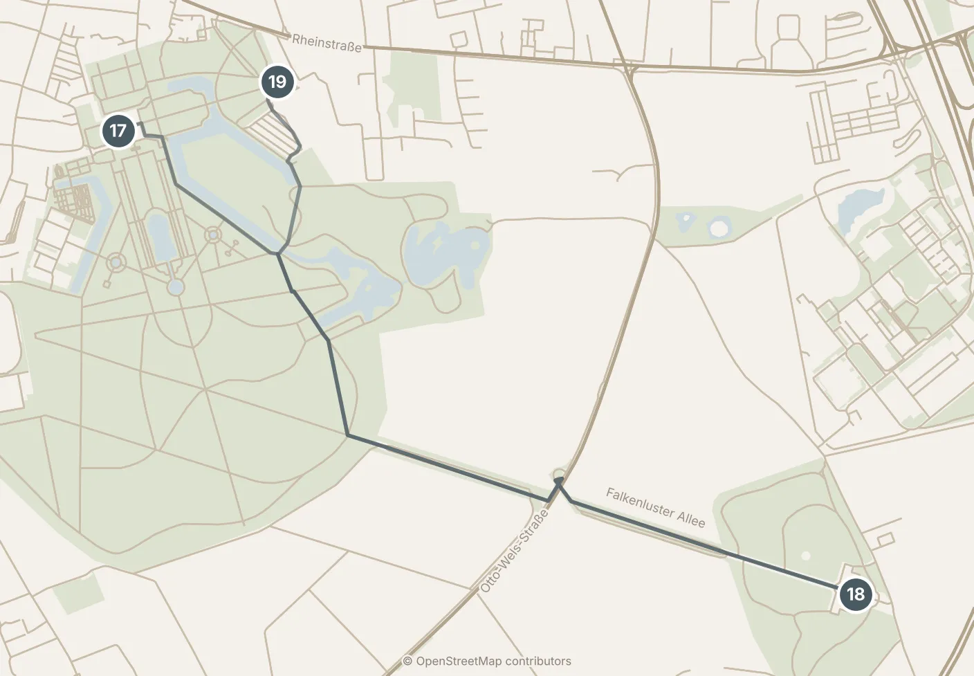 Map of Köln, with a third day · stops 17–19: stops 17–19, numbered in walking order.
