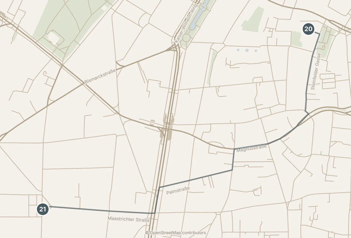 Map of Köln, with a third day · stops 20–21: stops 20–21, numbered in walking order.