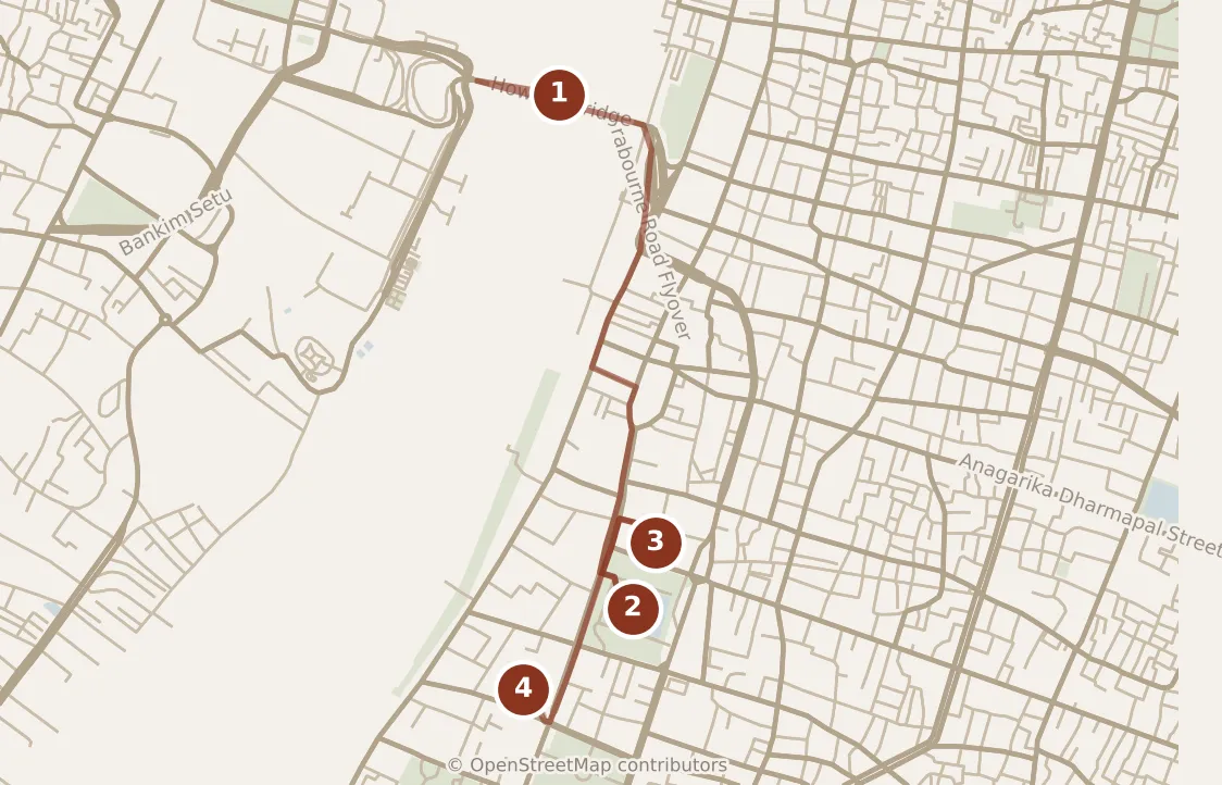 Map of Kolkata, morning: stops 1–4, numbered in walking order.