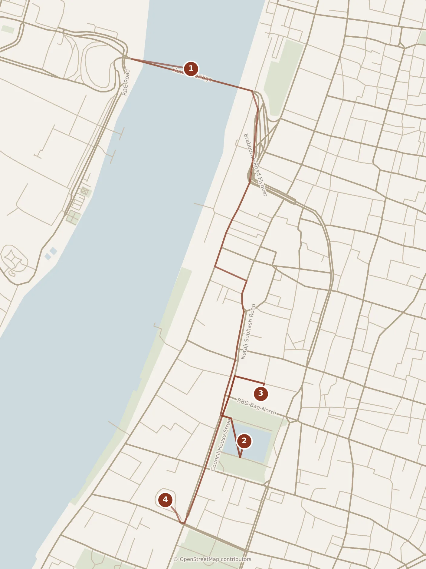 Map of Kolkata, morning: stops 1–4, numbered in walking order.