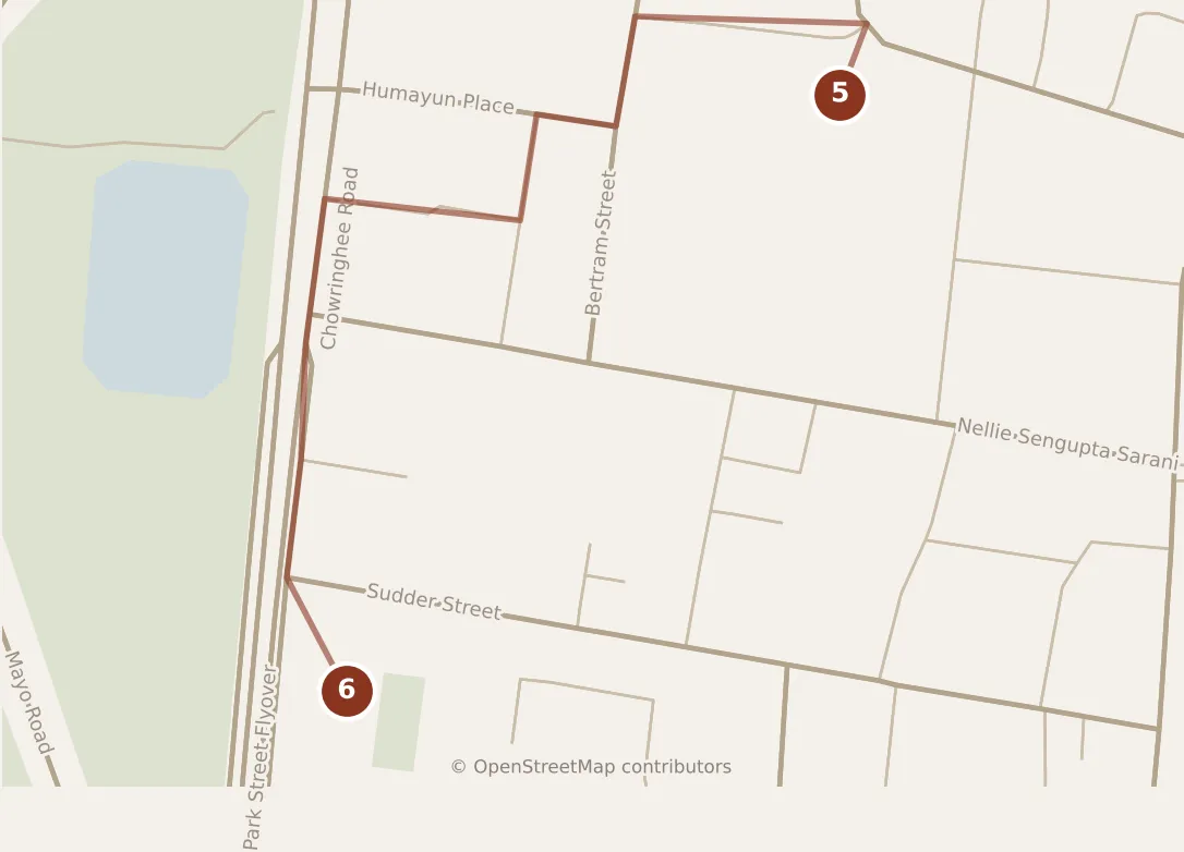 Map of Kolkata, afternoon: stops 5–6, numbered in walking order.