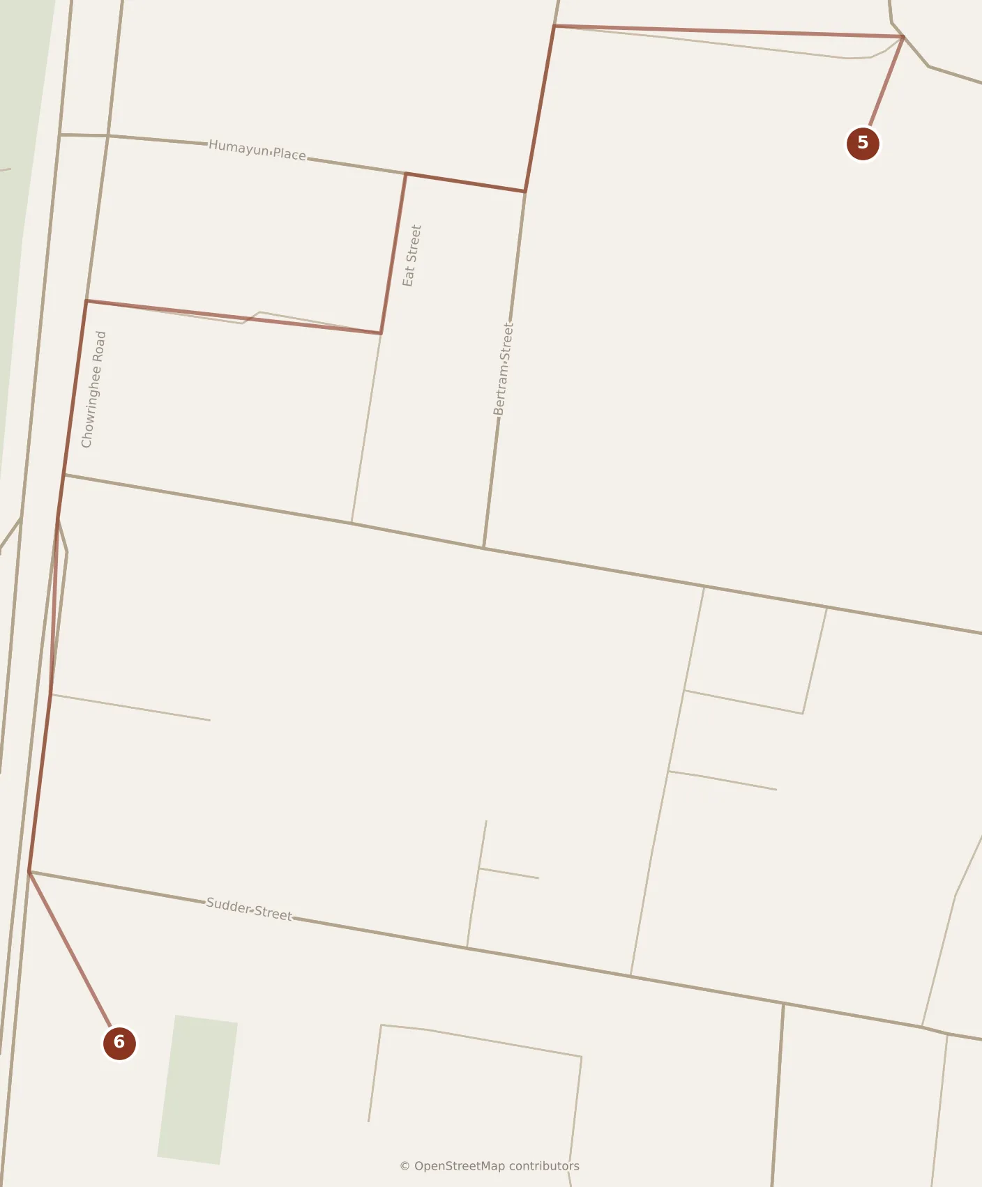 Map of Kolkata, afternoon: stops 5–6, numbered in walking order.