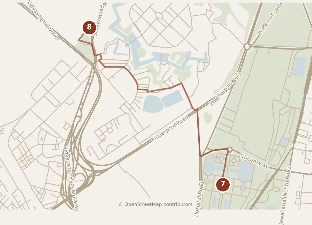 Map of Kolkata, evening: stops 7–8, numbered in walking order.