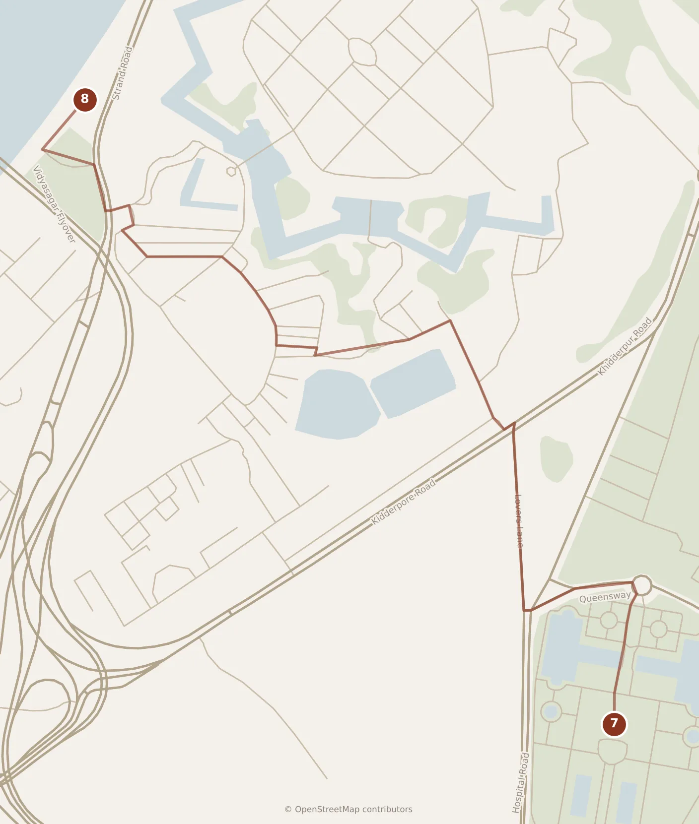 Map of Kolkata, evening: stops 7–8, numbered in walking order.