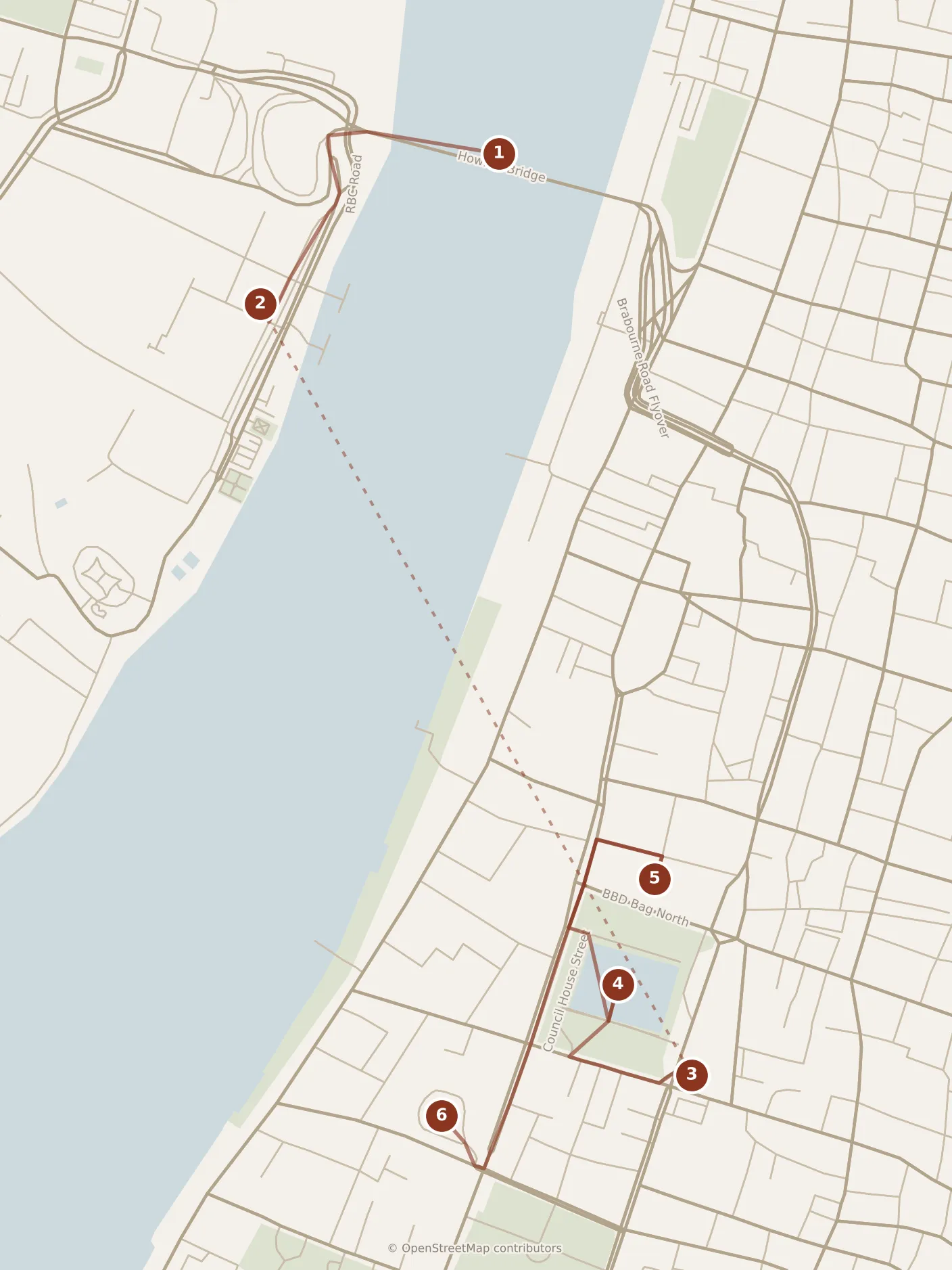 Map of Kolkata, morning: stops 1–6, numbered in walking order.