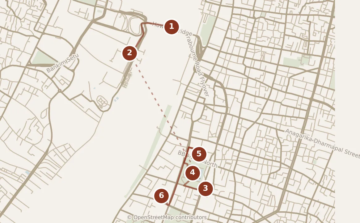Map of Kolkata, morning: stops 1–6, numbered in walking order.