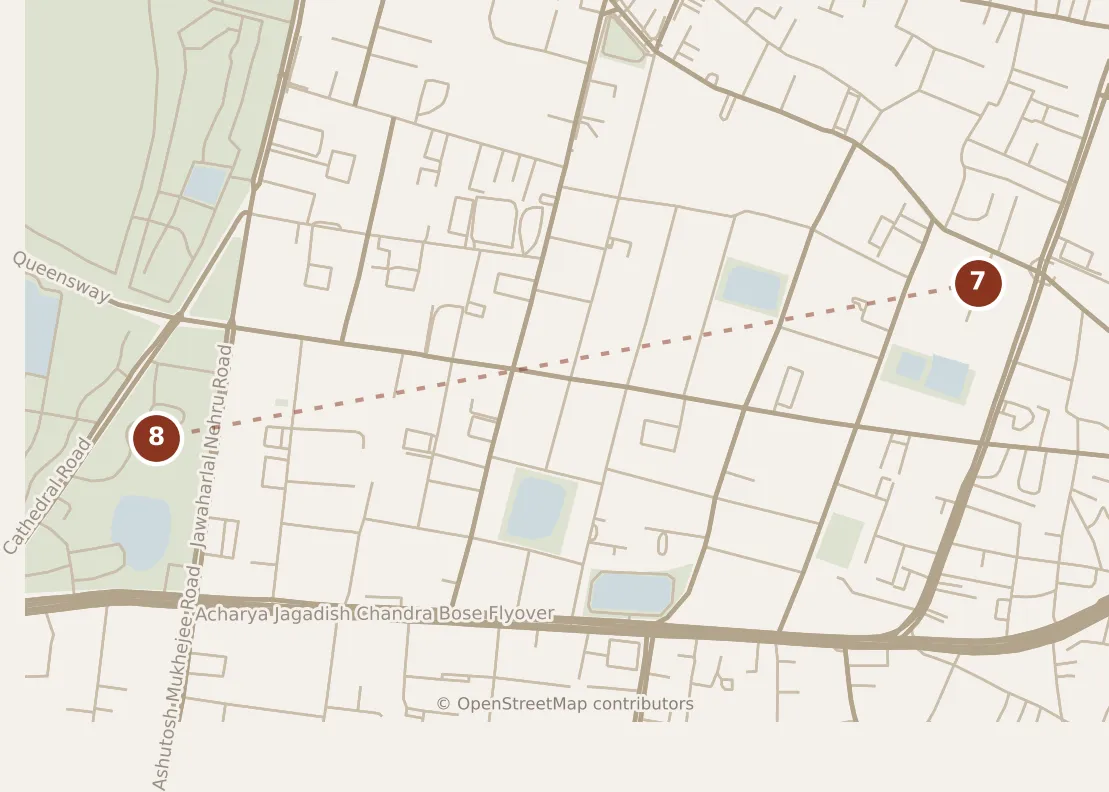 Map of Kolkata, afternoon: stops 7–8, numbered in walking order.